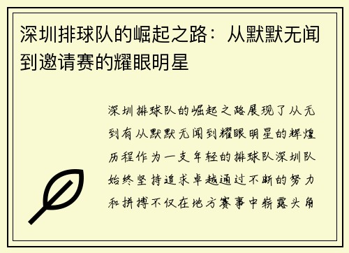 深圳排球队的崛起之路：从默默无闻到邀请赛的耀眼明星